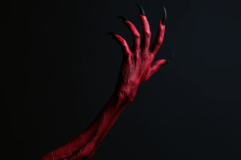 Red demon hand with black claws reaching upward against dark background