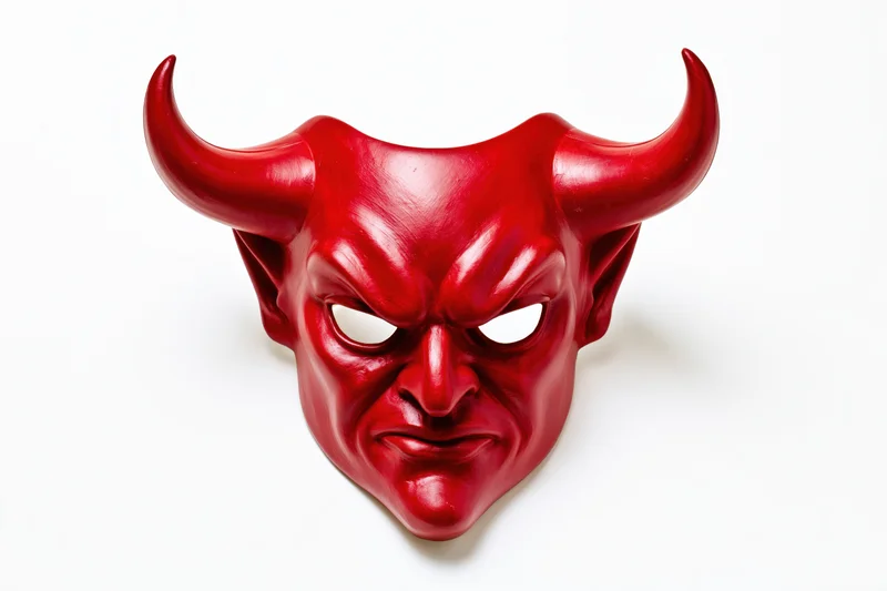 Red devil mask with curved horns on white background