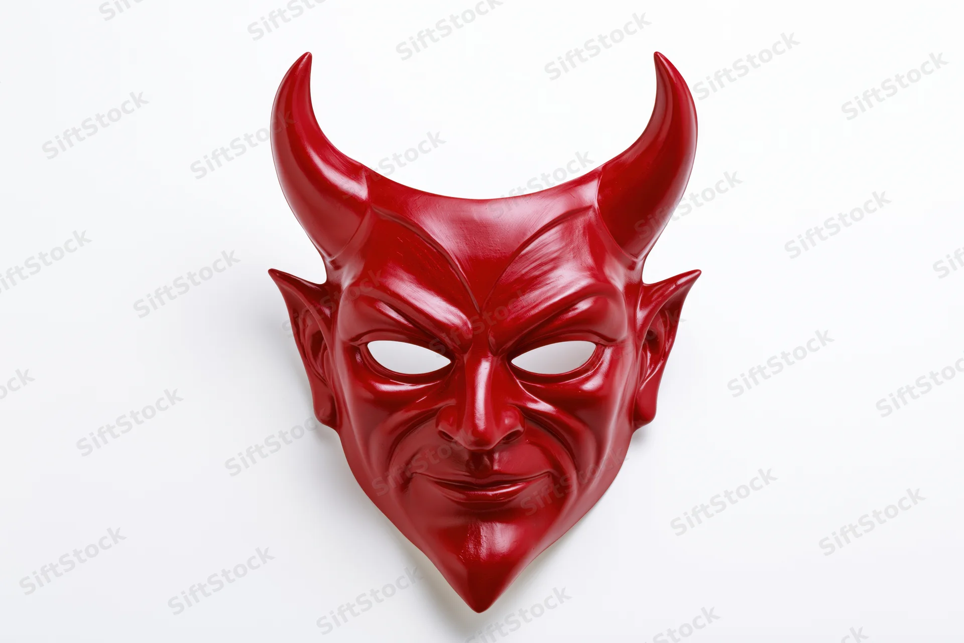 Red devil mask with curved horns and menacing expression on white background