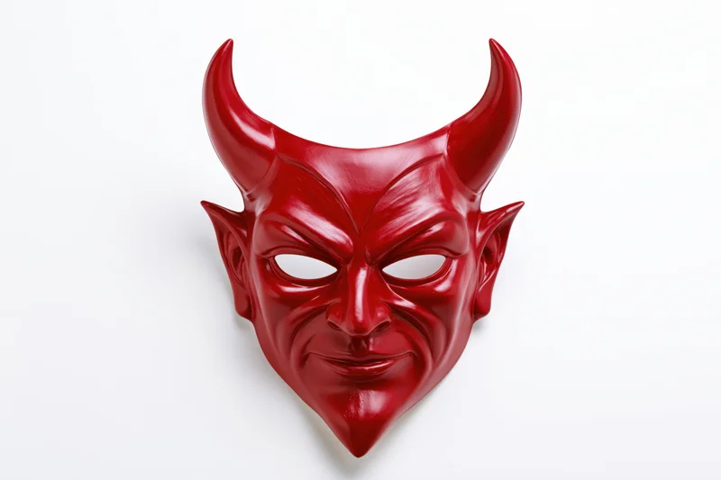 Red devil mask with curved horns and menacing expression on white background