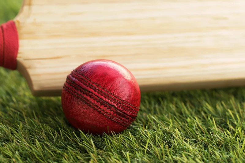 Red leather cricket ball with seam stitching resting on grass beside wooden bat