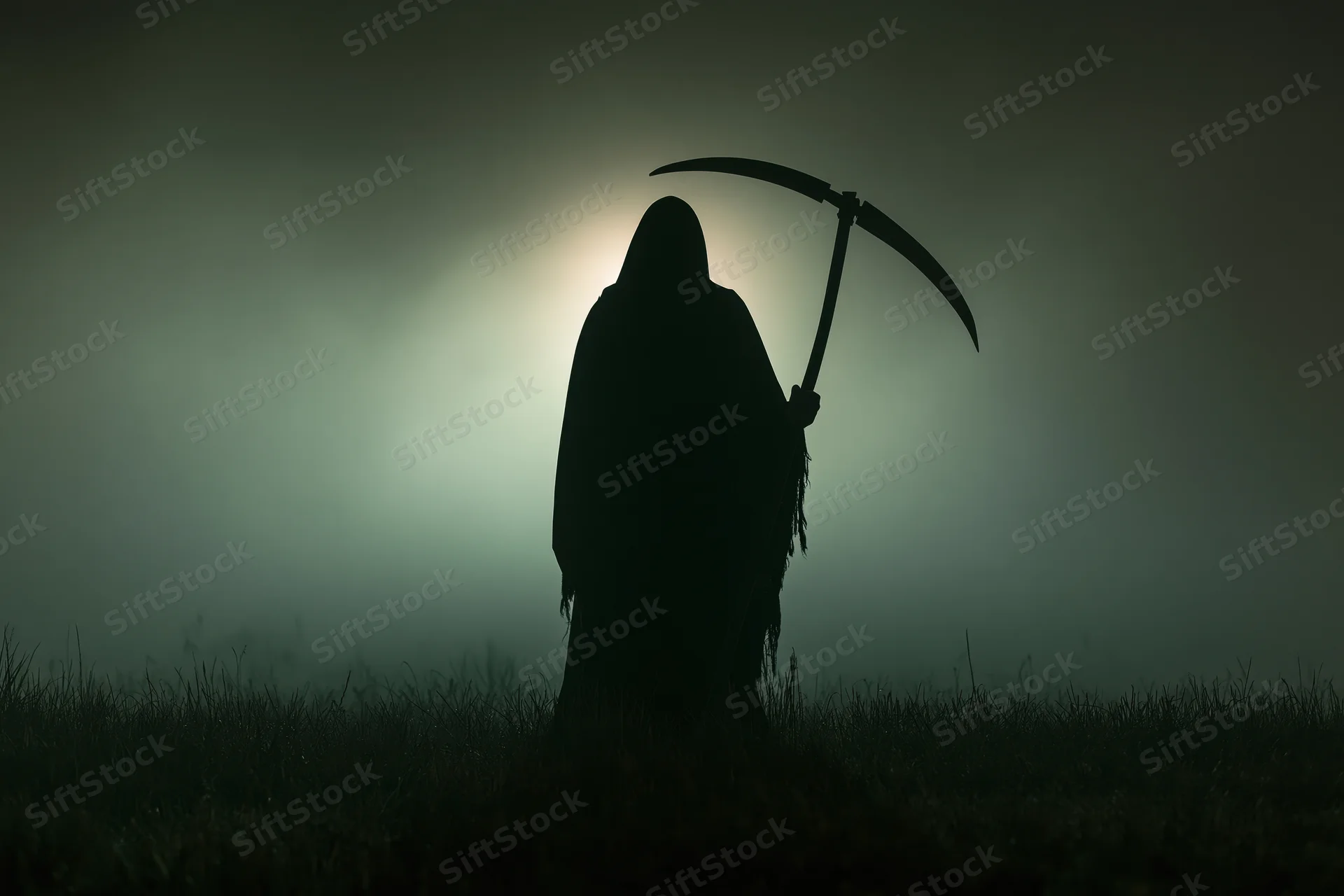 Hooded figure holding scythe standing in misty field at night