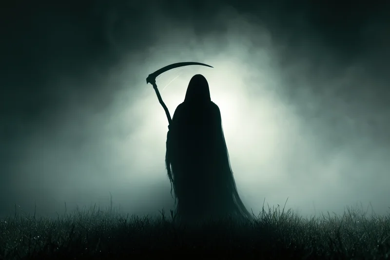 Hooded figure holding scythe standing in misty field at night