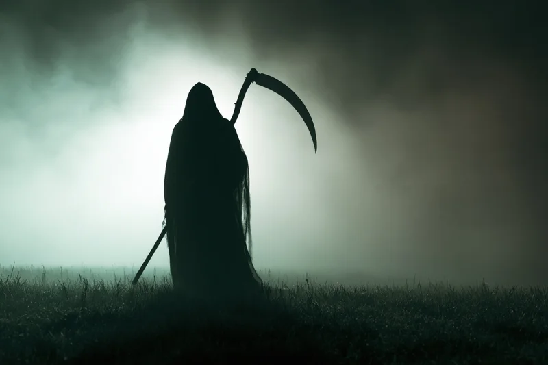 Hooded figure holding scythe standing in misty field at night