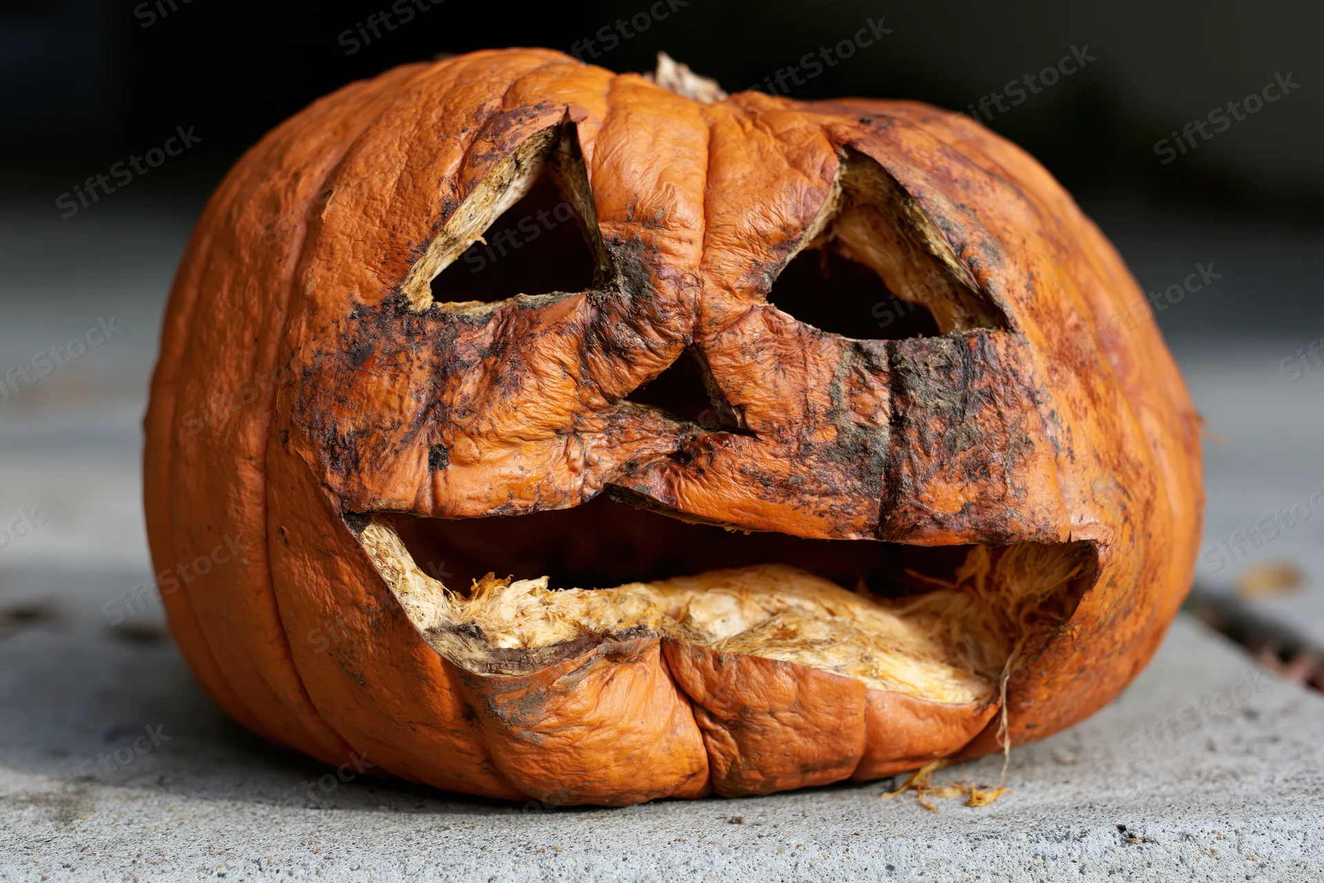 Rotting carved jack-o-lantern lying on concrete surface