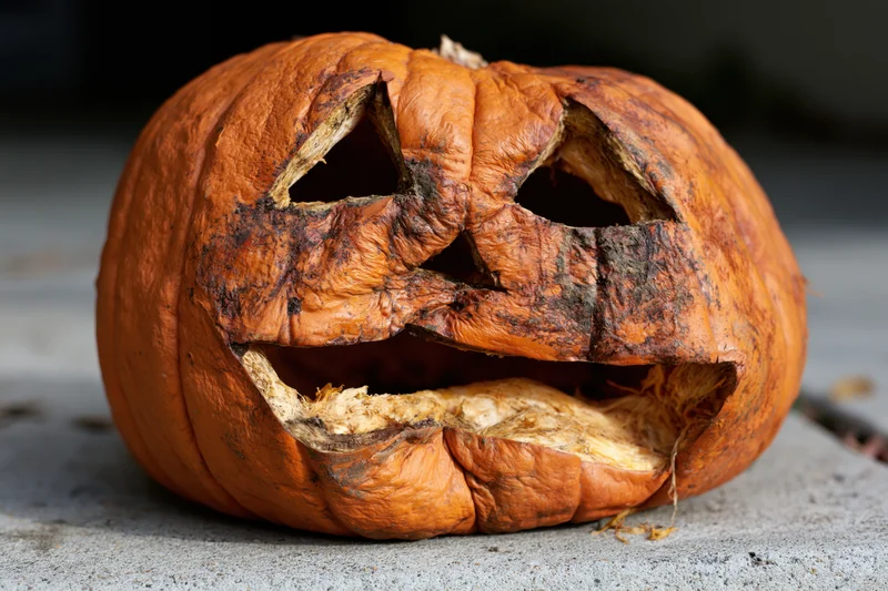 Rotting carved jack-o-lantern lying on concrete surface