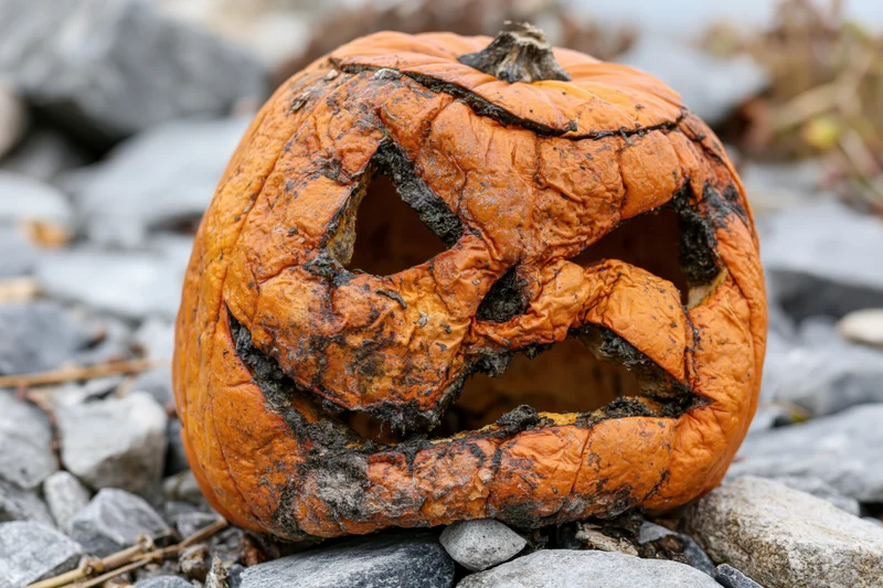 Rotting carved jack-o-lantern with charred features resting on rocky ground