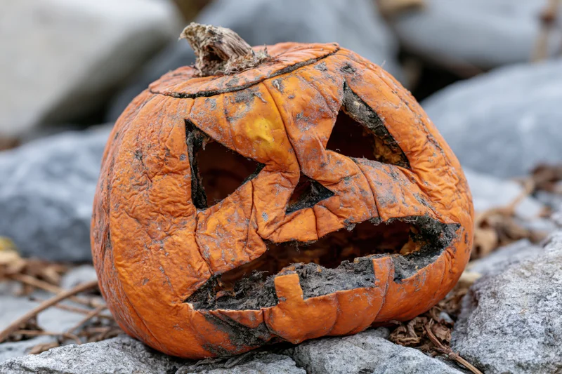 Rotting carved jack-o-lantern resting on rocky ground outdoors