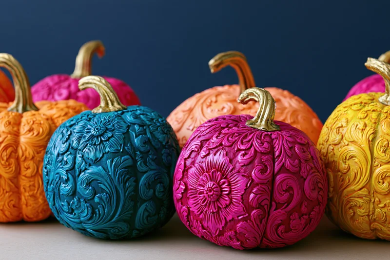 Row of intricately carved and painted pumpkins in vibrant colors arranged on a surface