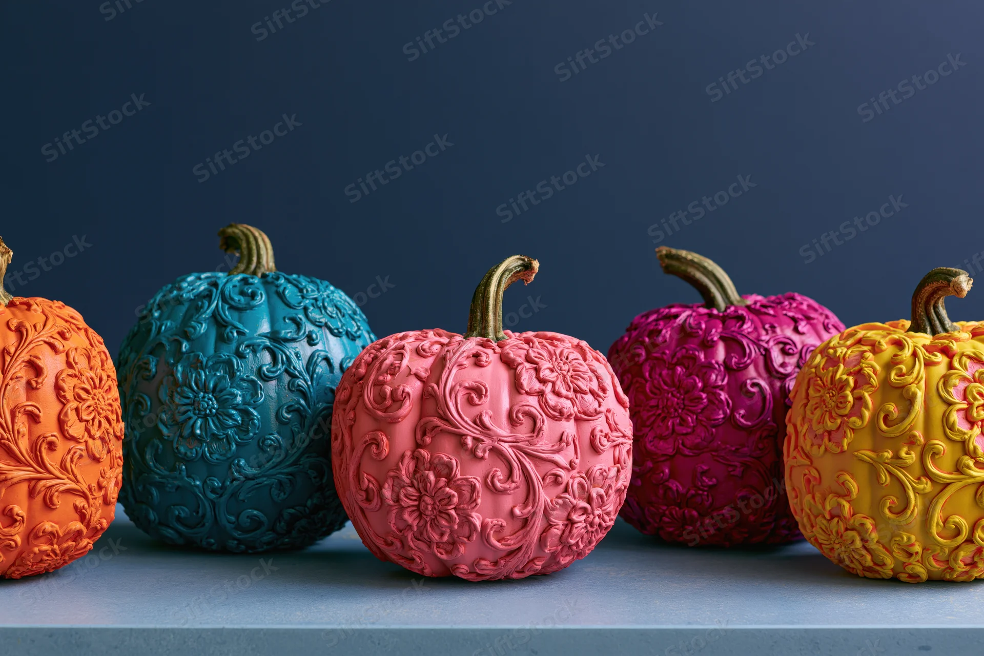 Row of intricately carved and painted pumpkins in vibrant colors arranged on a blue surface