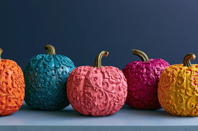 Row of intricately carved and painted pumpkins in vibrant colors arranged on a blue surface