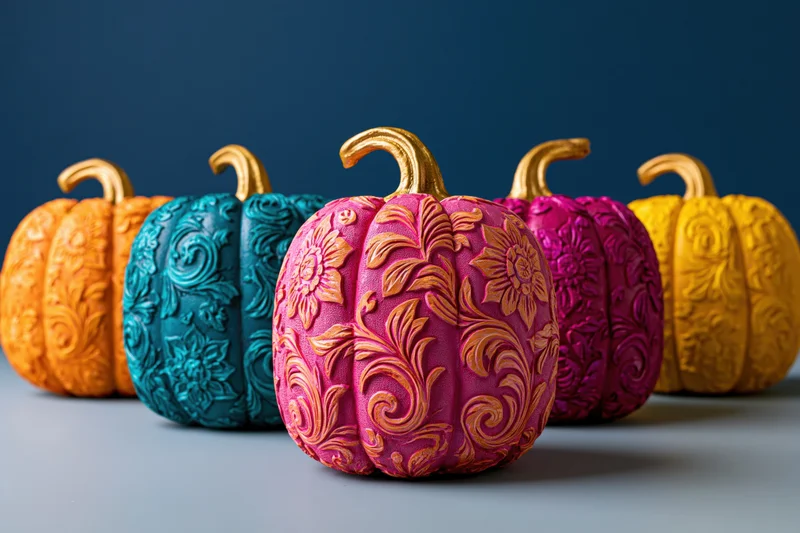 Row of intricately carved and painted pumpkins in vibrant colors arranged on a surface against a blue background