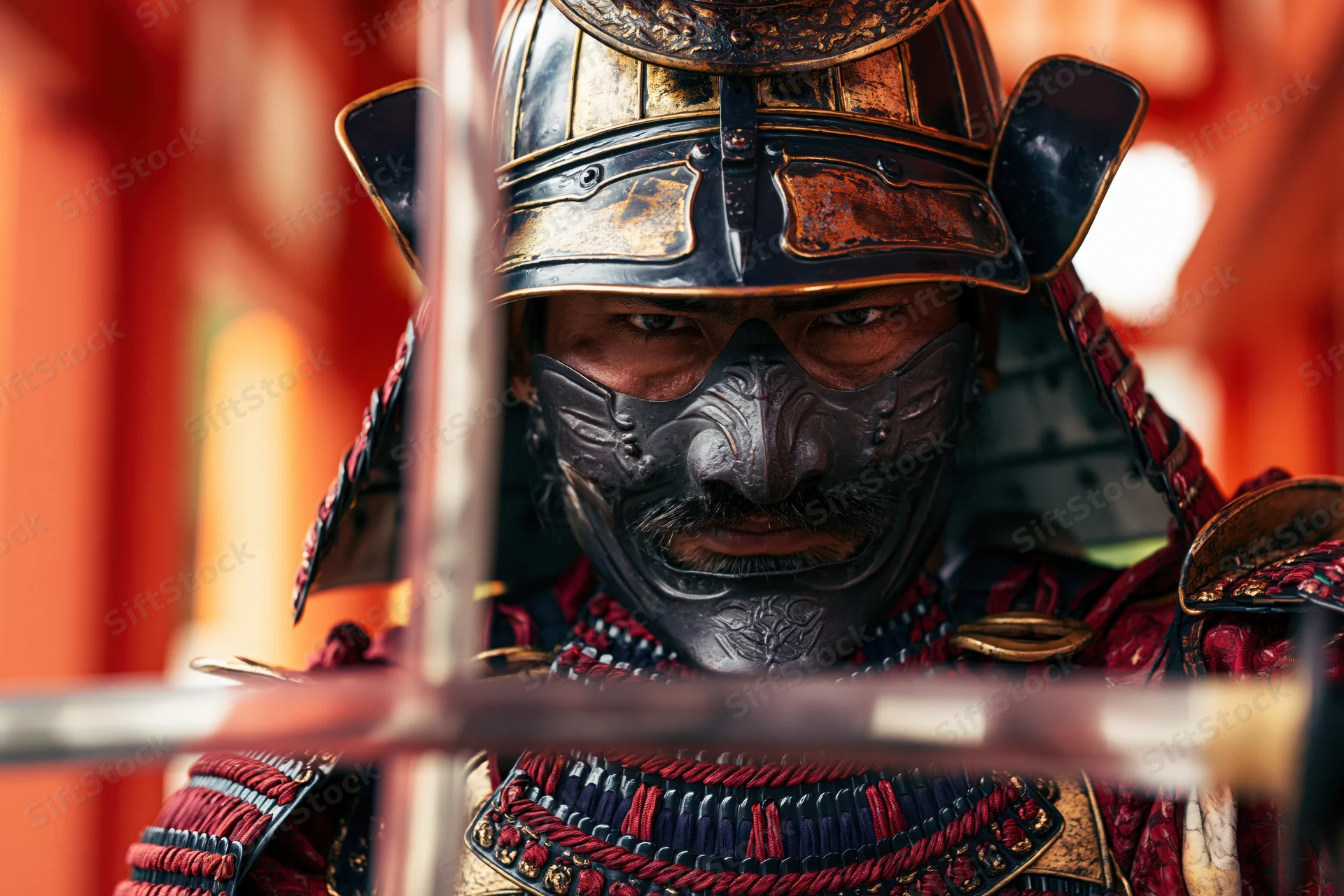Samurai warrior in full traditional armor staring intensely through mask with sword in foreground