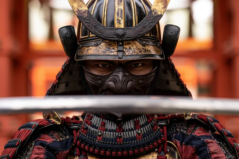 Samurai warrior in full traditional armor staring intensely with sword blade across face in front of red wooden structure