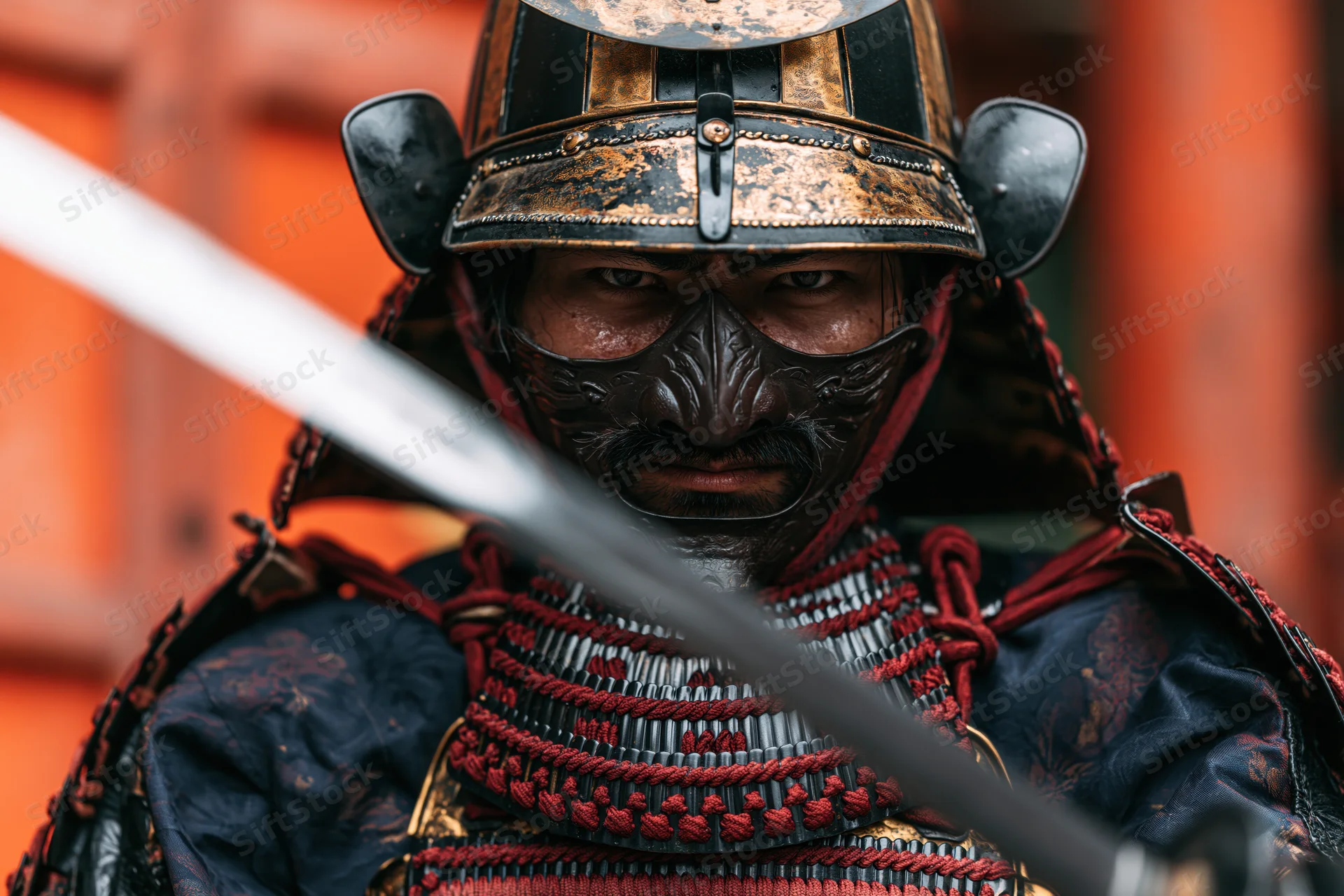 Samurai warrior in full traditional armor staring intensely with sword in foreground