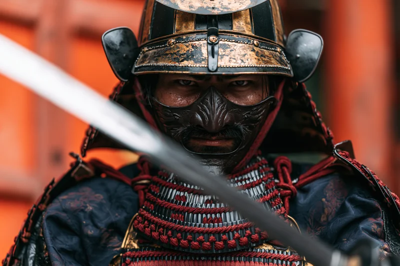 Samurai warrior in full traditional armor staring intensely with sword in foreground