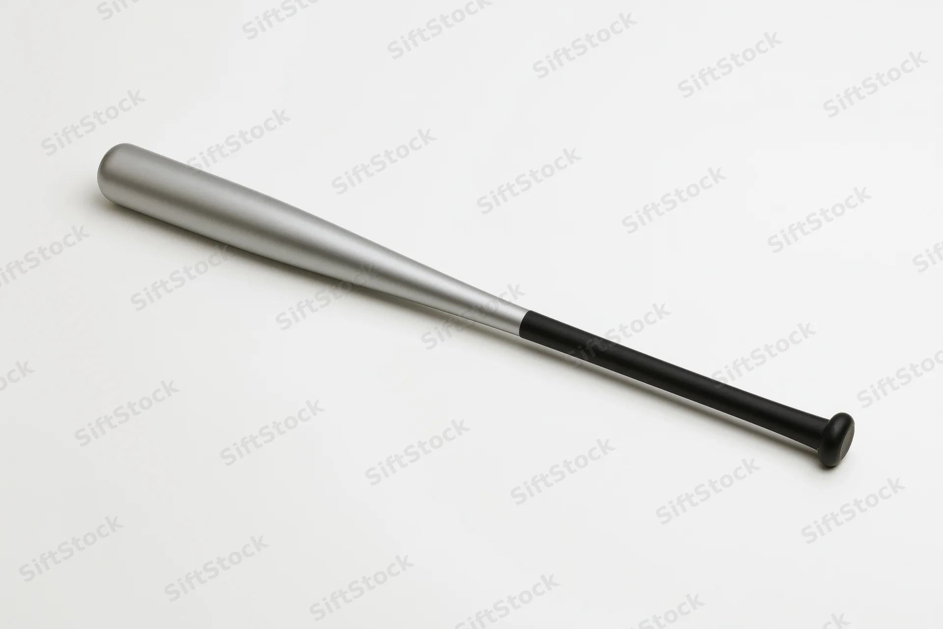 Aluminum baseball bat lying diagonally on white background