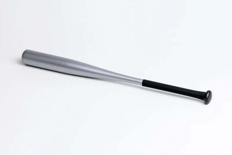Aluminum baseball bat lying diagonally on white background