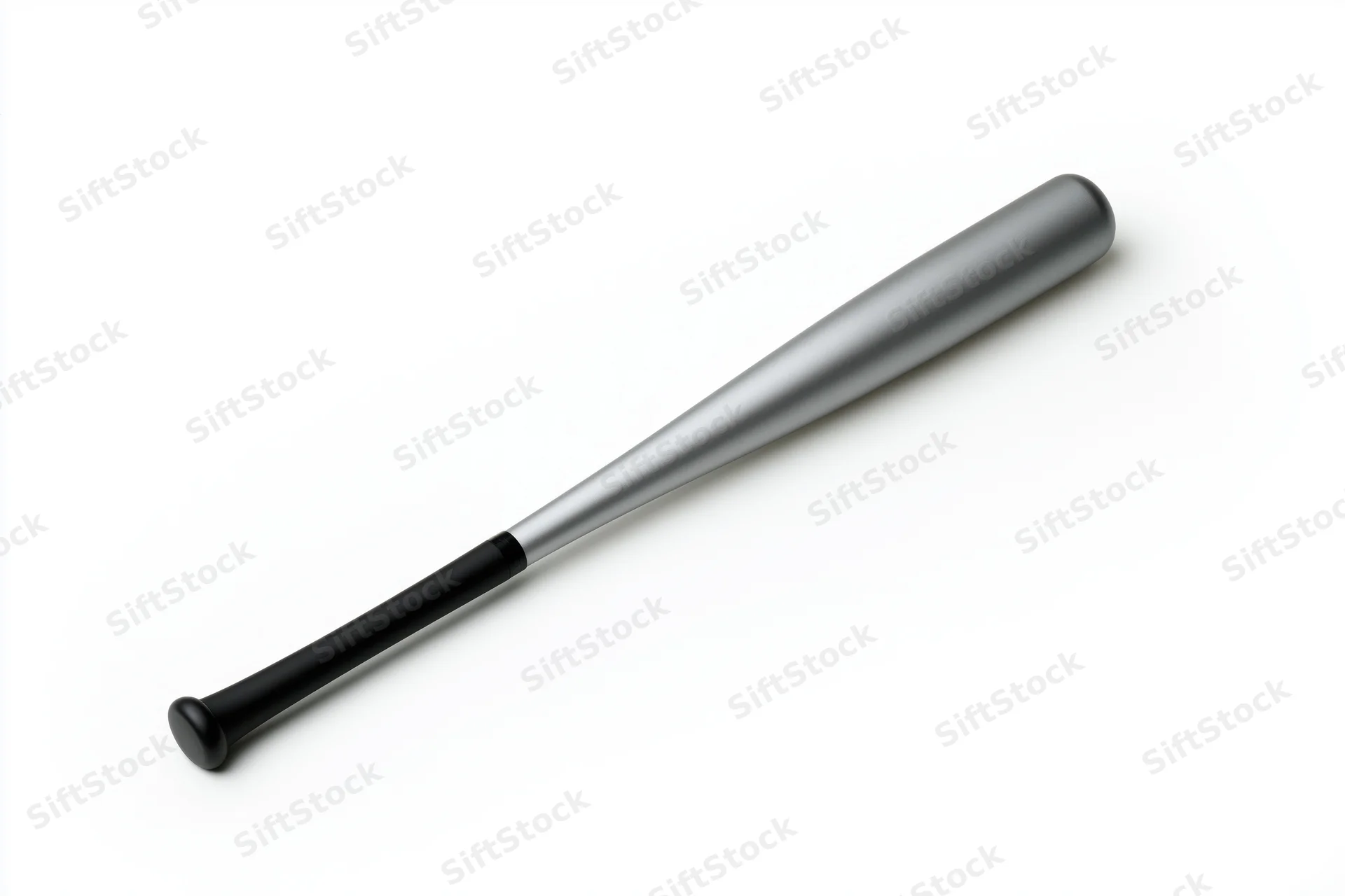 Aluminum baseball bat lying diagonally on white background