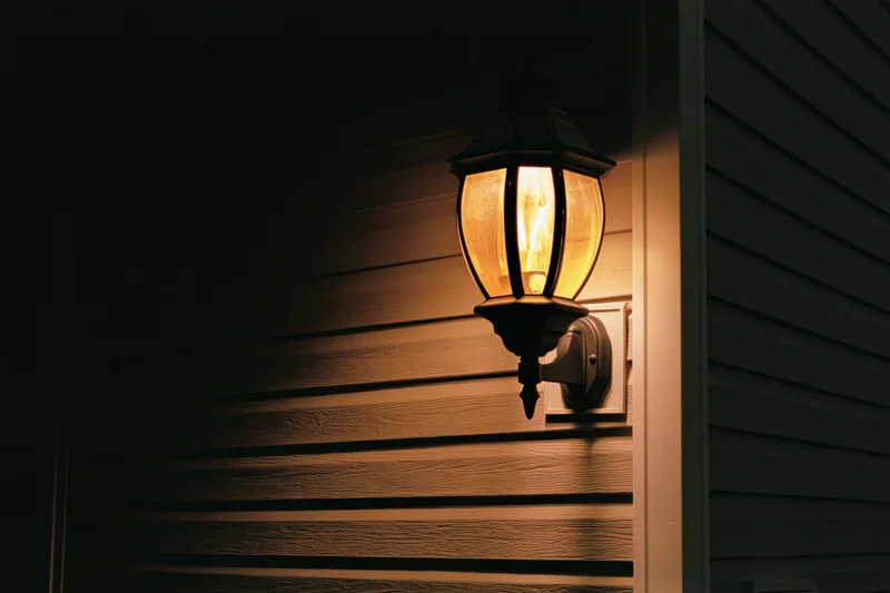 Black iron lantern mounted on vinyl siding glowing warmly at night