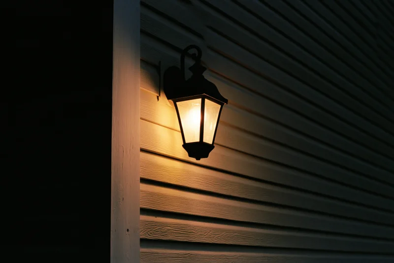 Black iron lantern mounted on horizontal vinyl siding glowing warmly at night