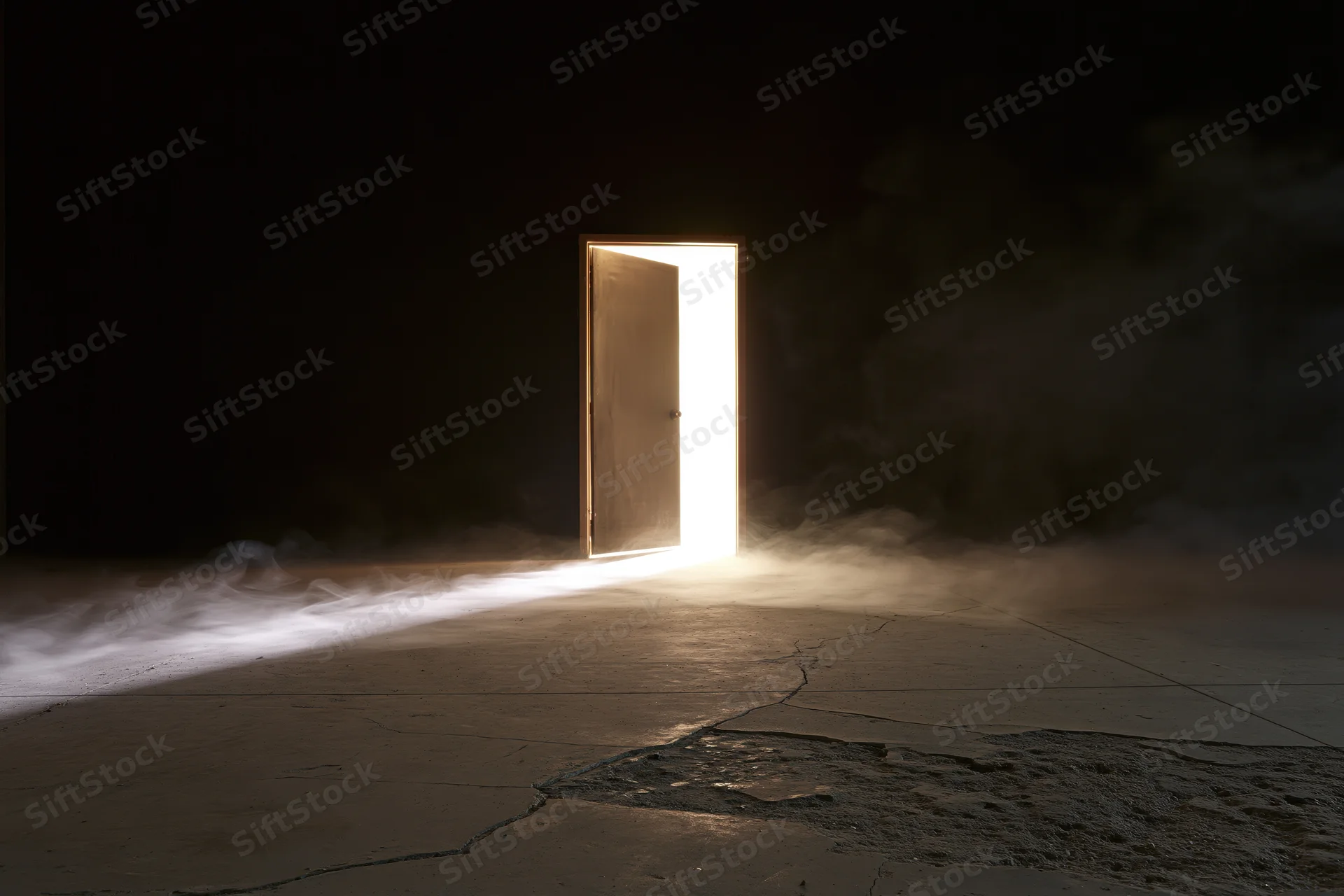 Open door emitting light in a dark abandoned room with cracked concrete floor and drifting smoke