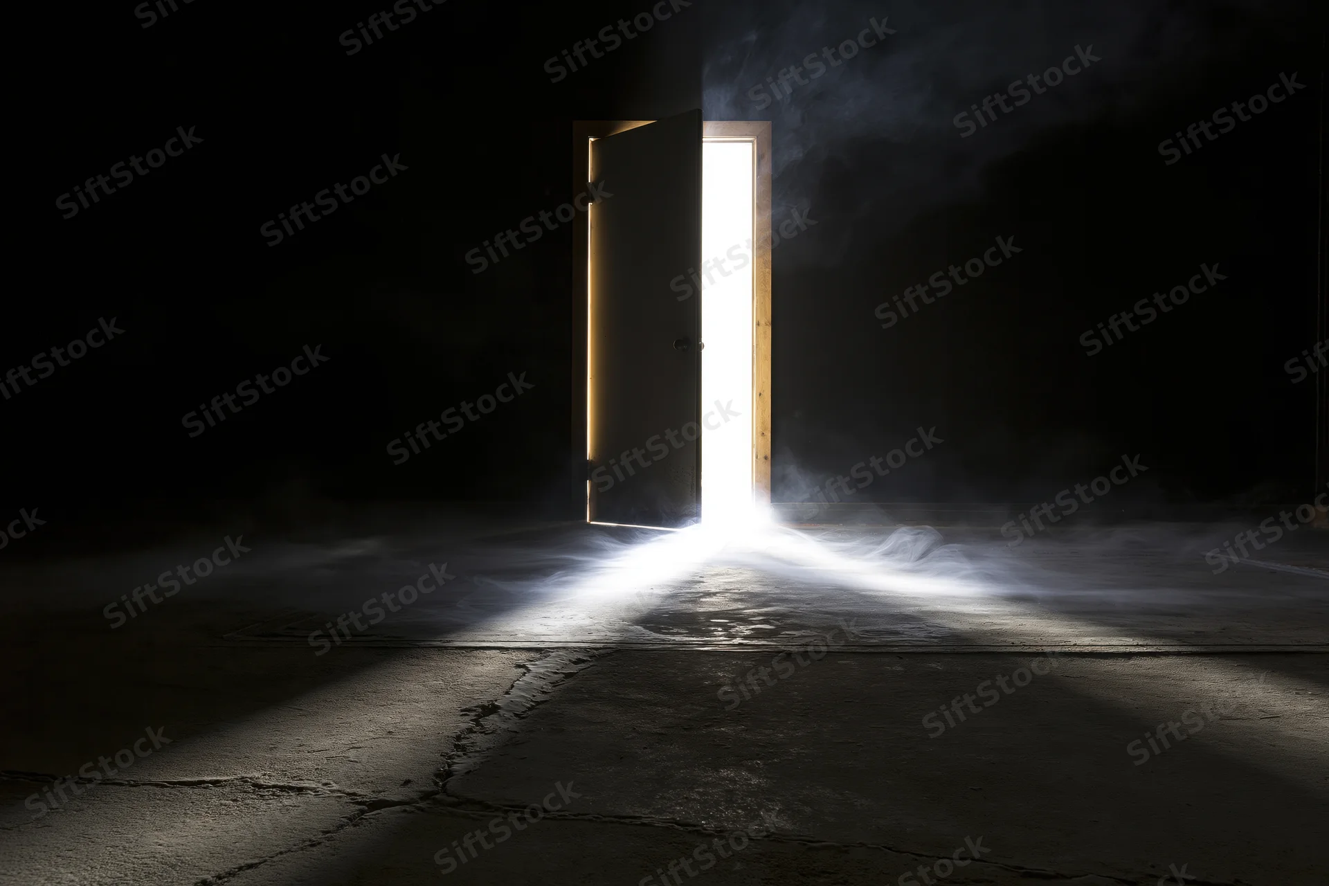 Slightly open door in dark abandoned room with light beam and smoke