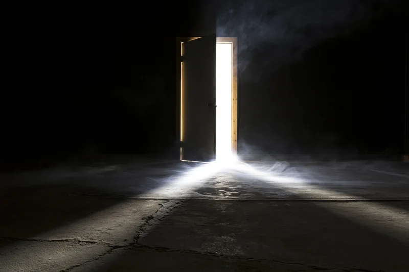Slightly open door in dark abandoned room with light beam and smoke