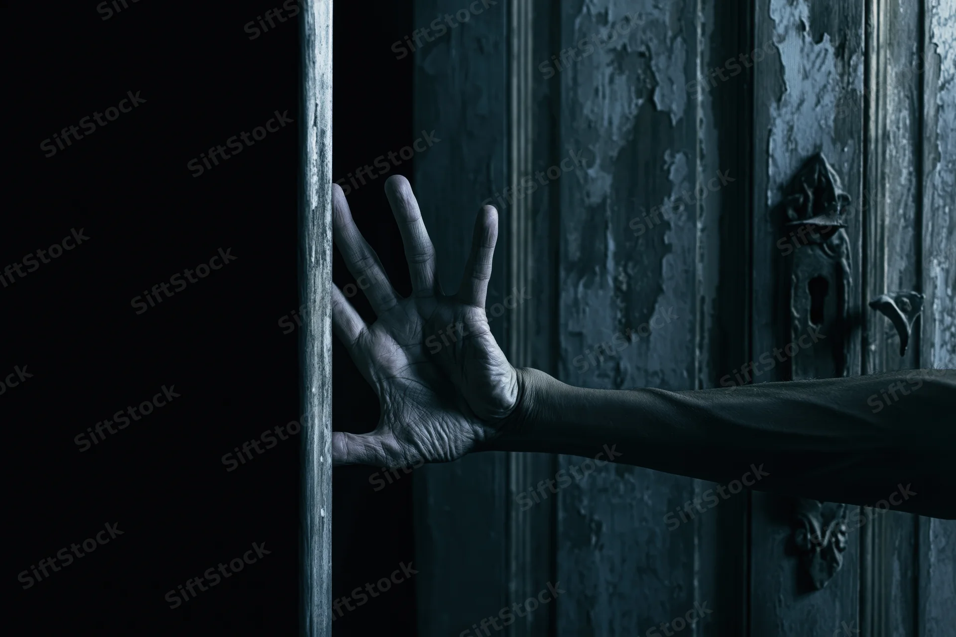 Pale hand reaching from behind a dark weathered wooden door with peeling paint and ornate metal lock