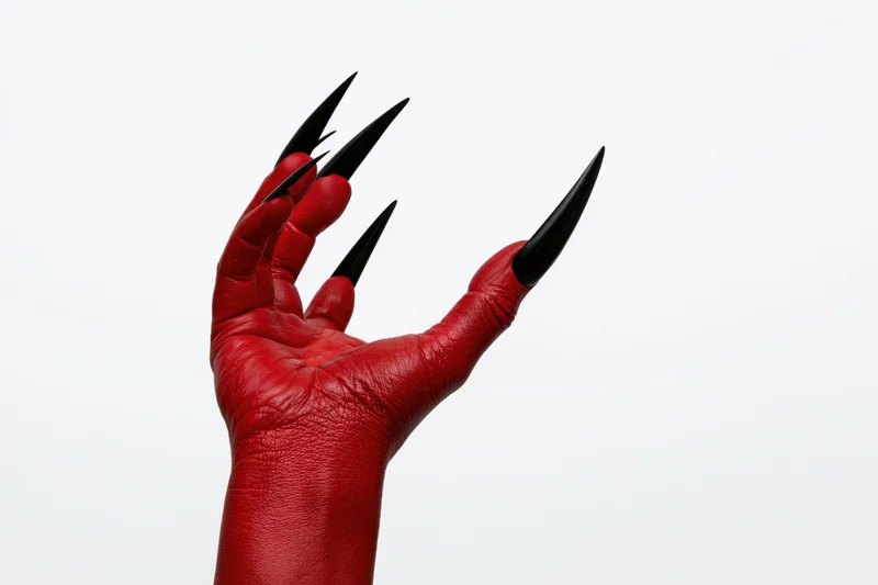 Red-painted hand with long sharp black claws raised against white background
