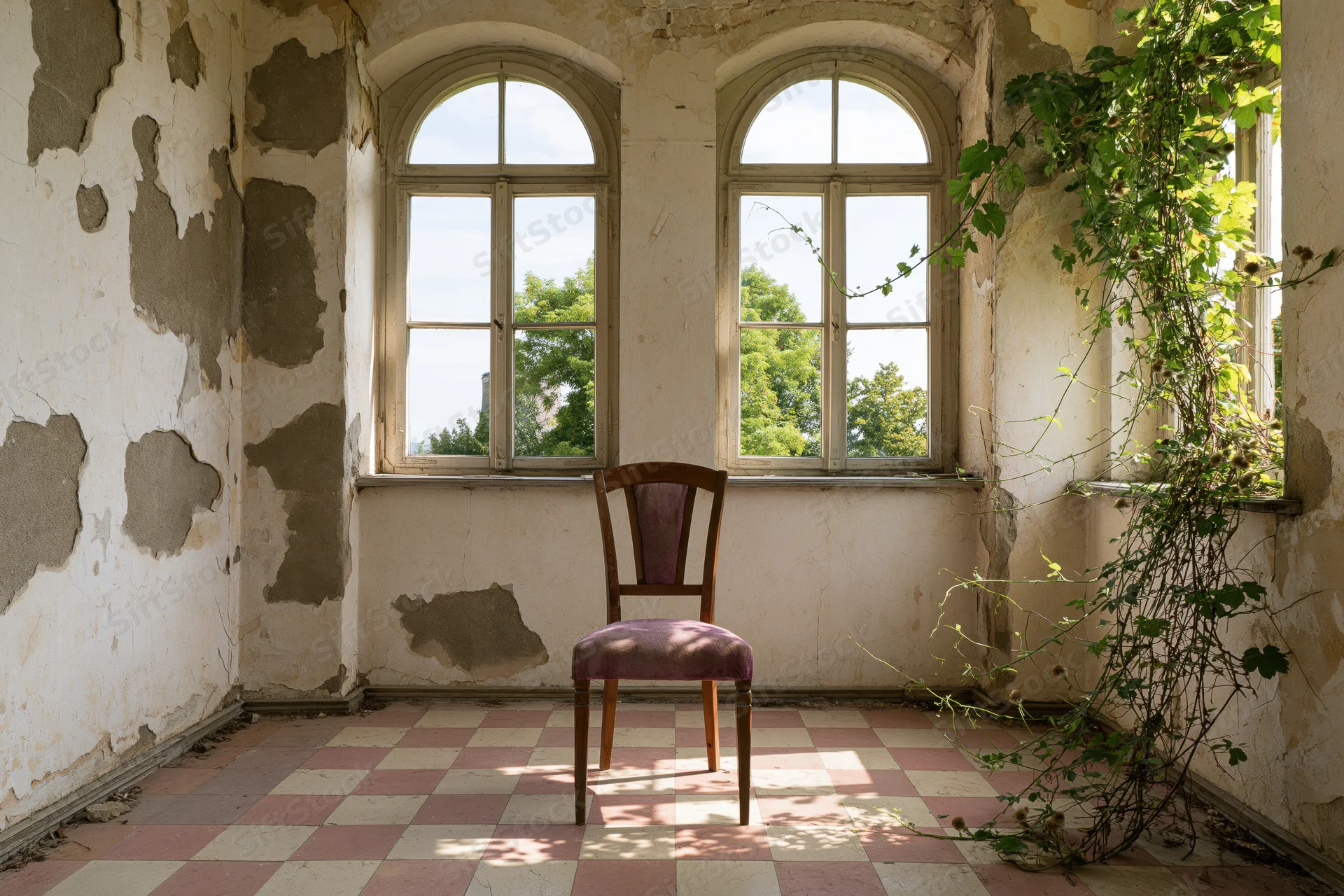 Wooden chair with faded purple fabric seat in an abandoned room with peeling walls and checkered floor near arched windows