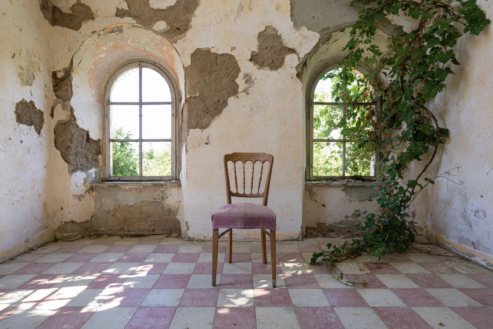Wooden chair with faded purple seat centered in an abandoned room with arched windows and checkered tile floor