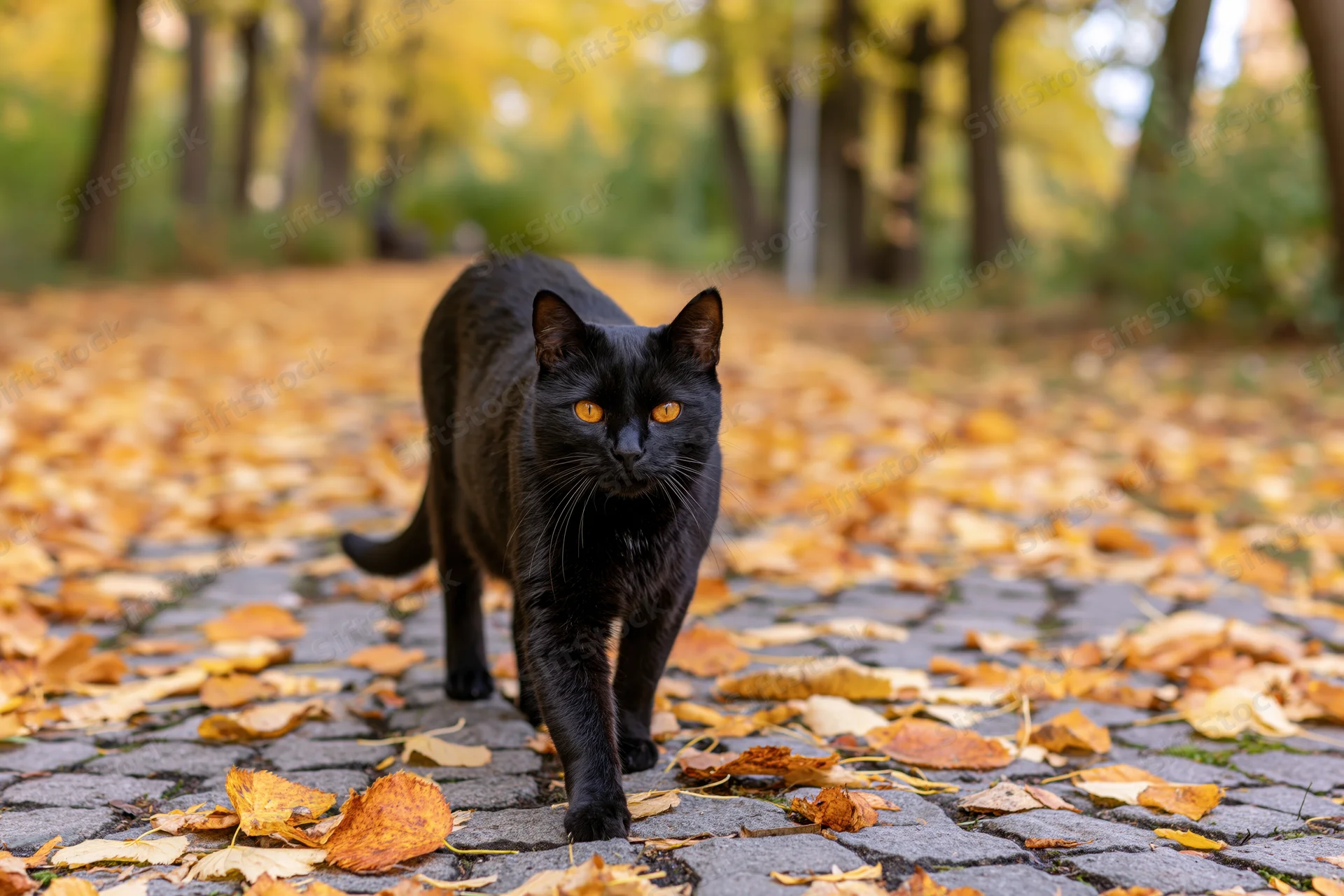 Black cat walking toward camera on cobblestone path covered in autumn leaves