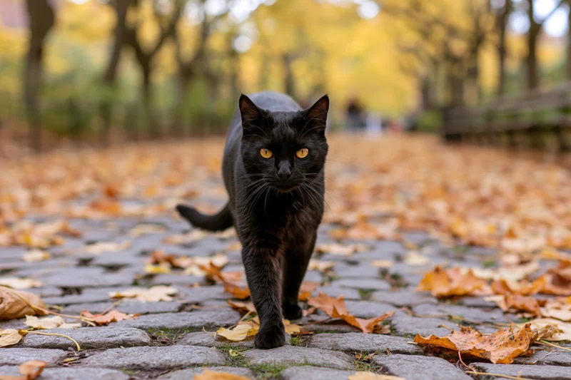 Black cat walking toward camera on cobblestone path covered in autumn leaves in park
