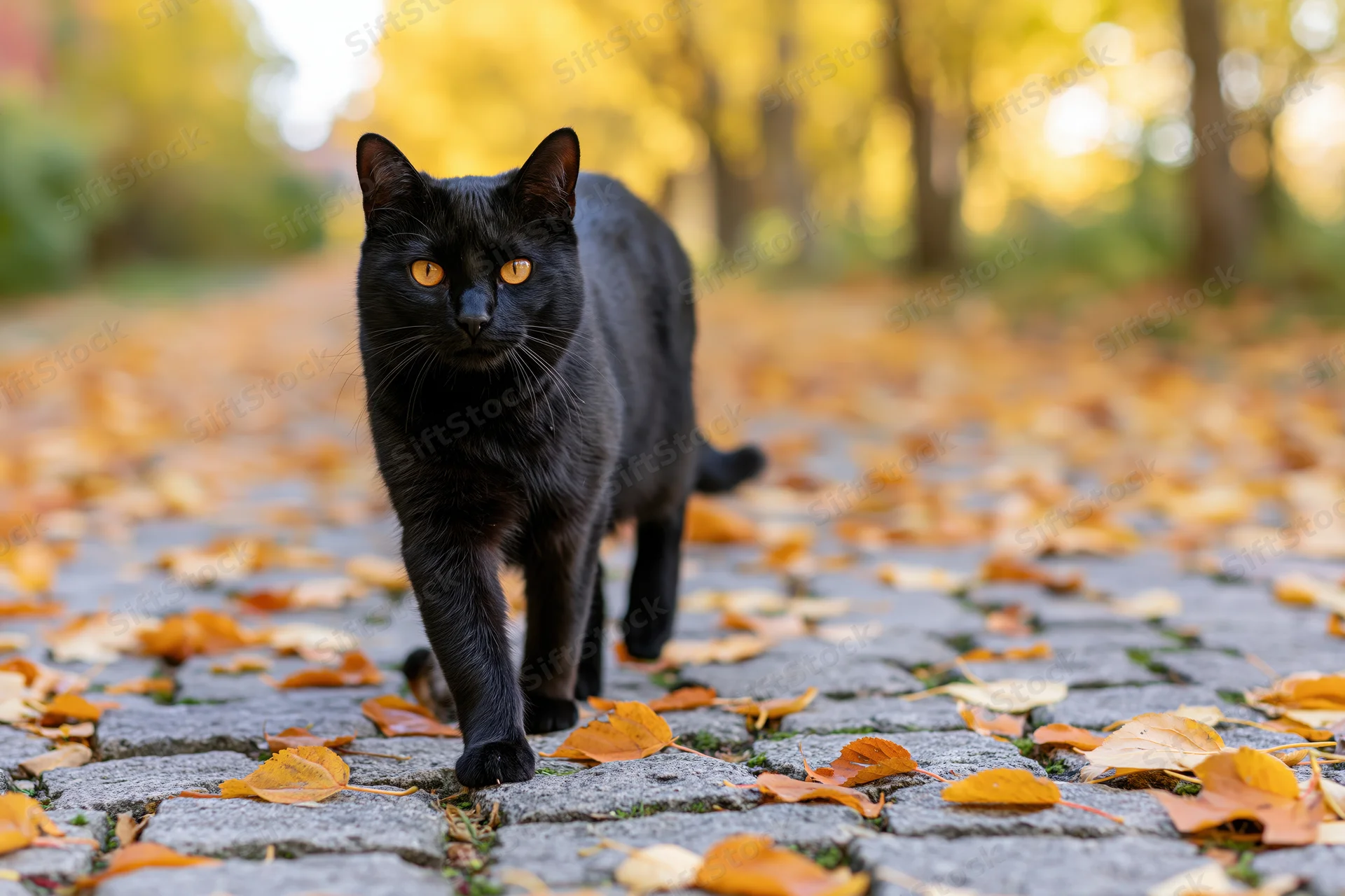 Black cat walking toward camera on cobblestone path covered in autumn leaves