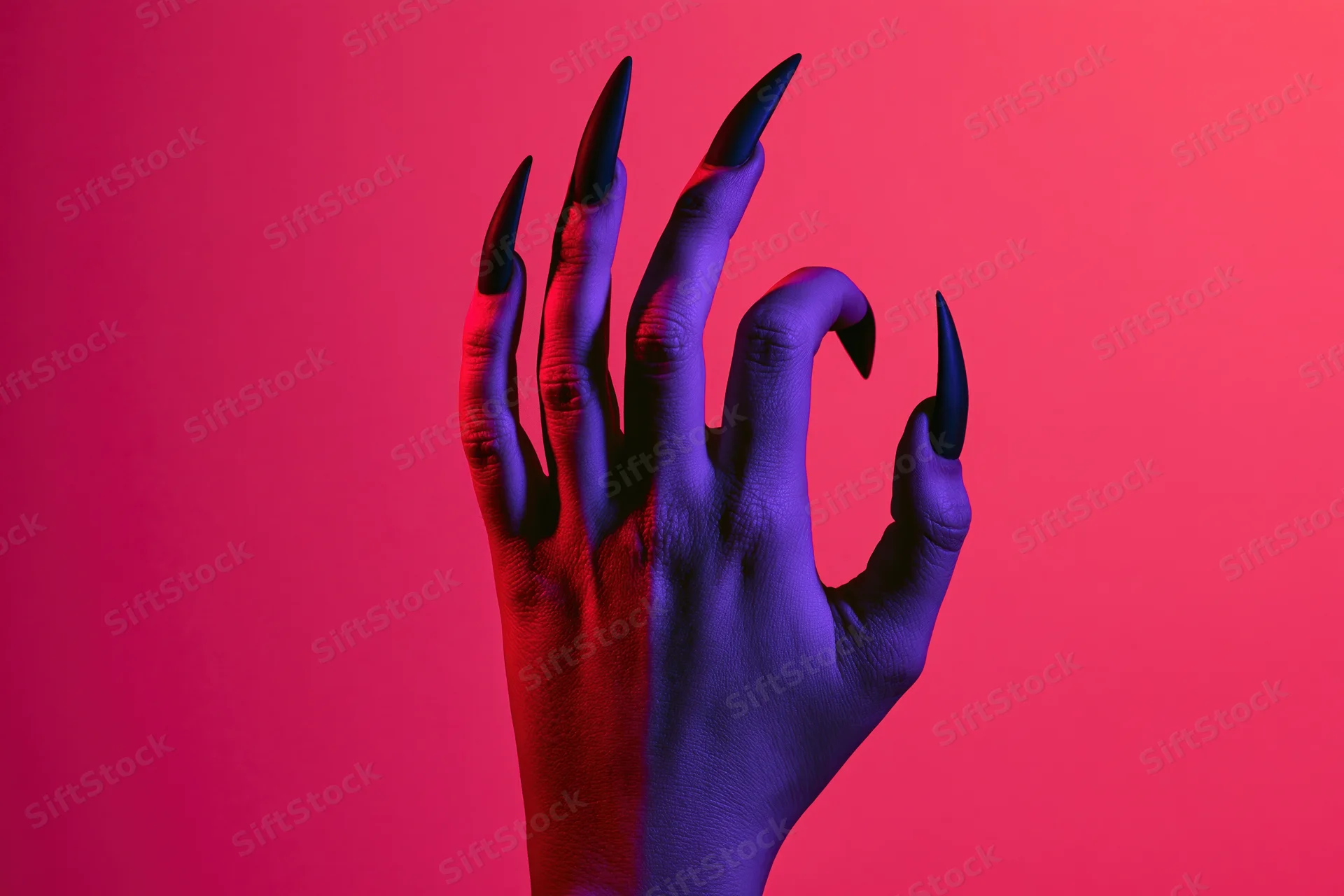 A hand with long sharp black nails raised against a pink and purple gradient background