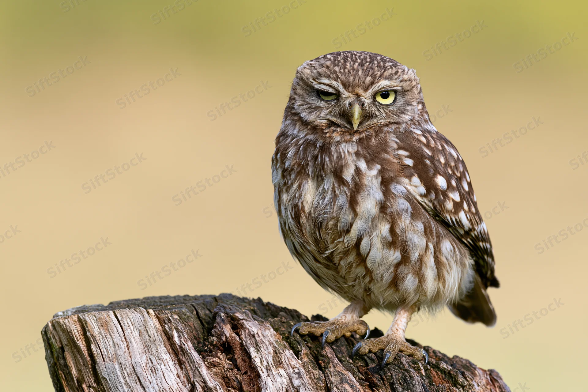 Little owl perched on a weathered tree stump outdoors