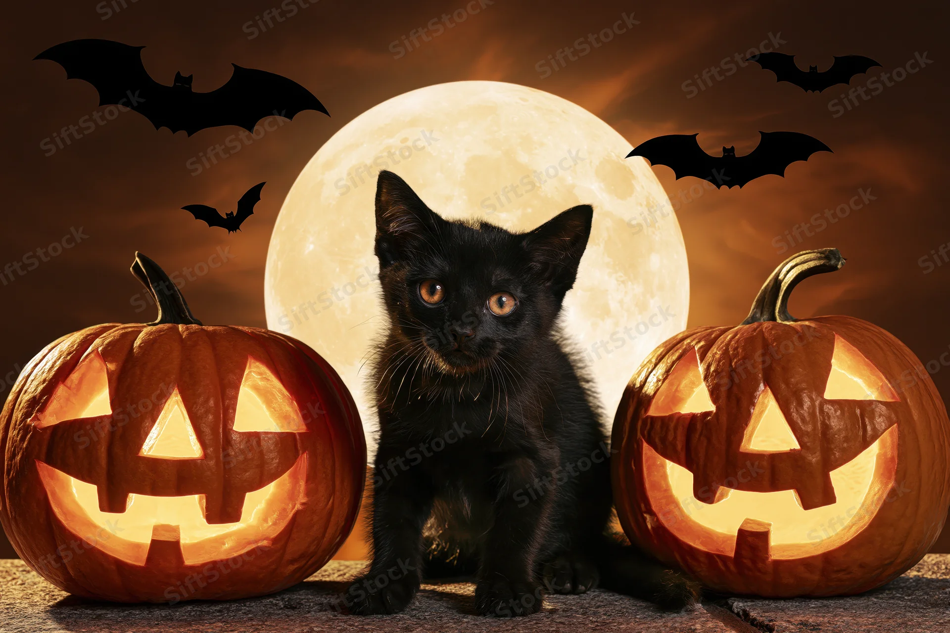 Black kitten sitting between two carved jack-o-lanterns under a full moon with bats flying in the sky