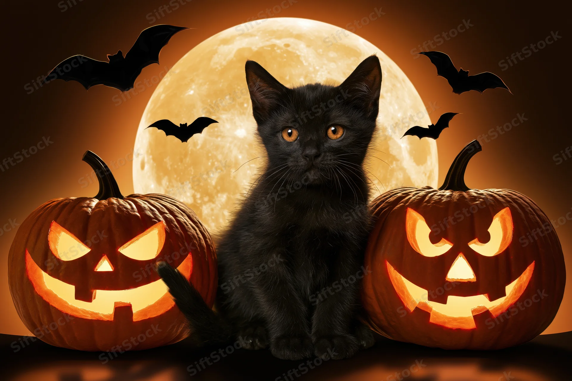 Black kitten sitting between two carved glowing pumpkins under a full moon with bats flying in the night sky