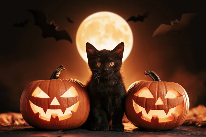 Black kitten sitting between two carved jack-o-lanterns under a full moon with bats flying in the night sky