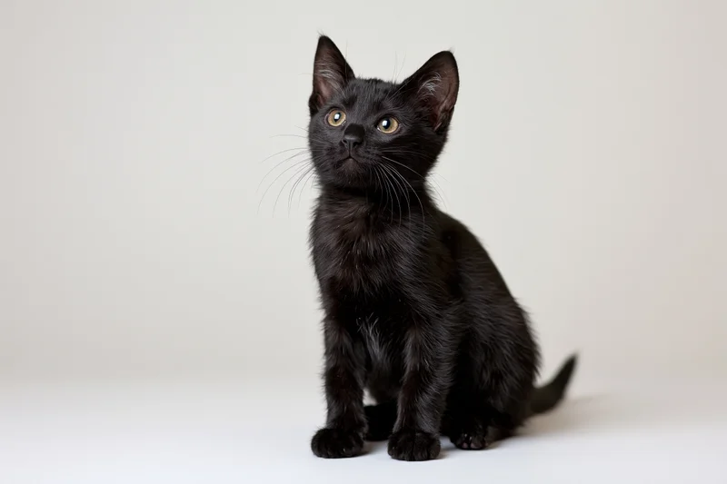 Small black kitten sitting upright and looking upward on white background