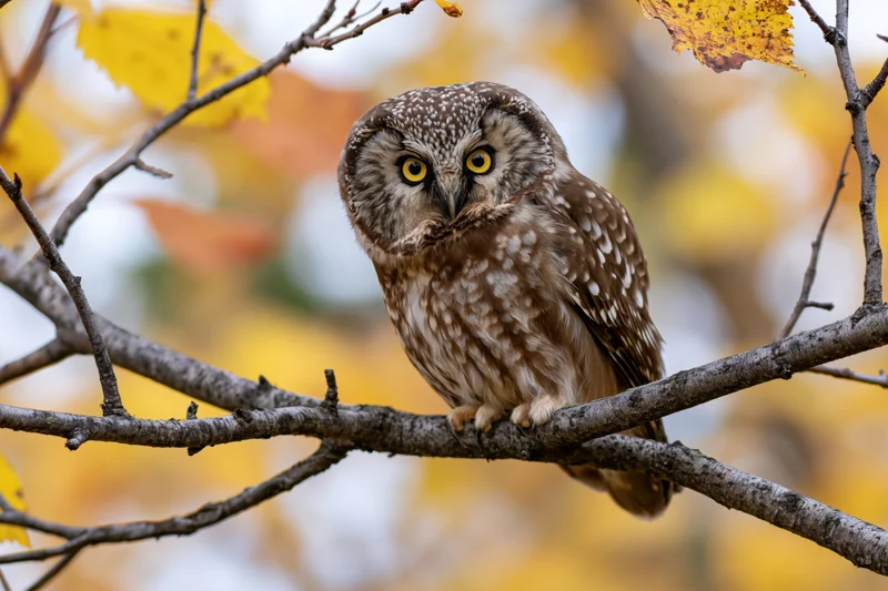 Small owl perched on a tree branch in autumn forest