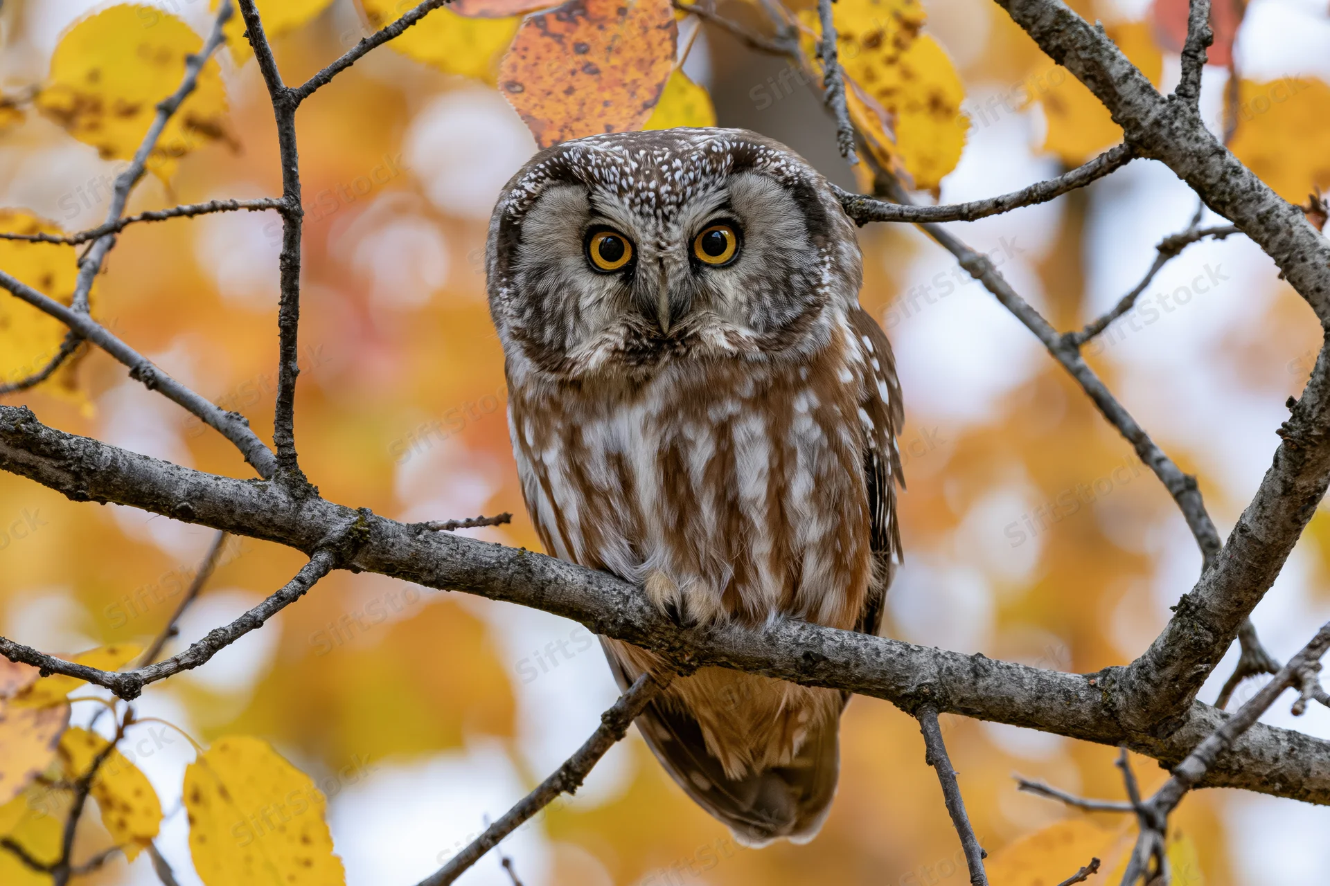 Small owl perched on a tree branch in autumn foliage