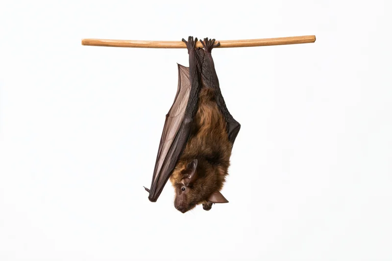 Small brown bat hanging upside down from a thin wooden dowel against white background