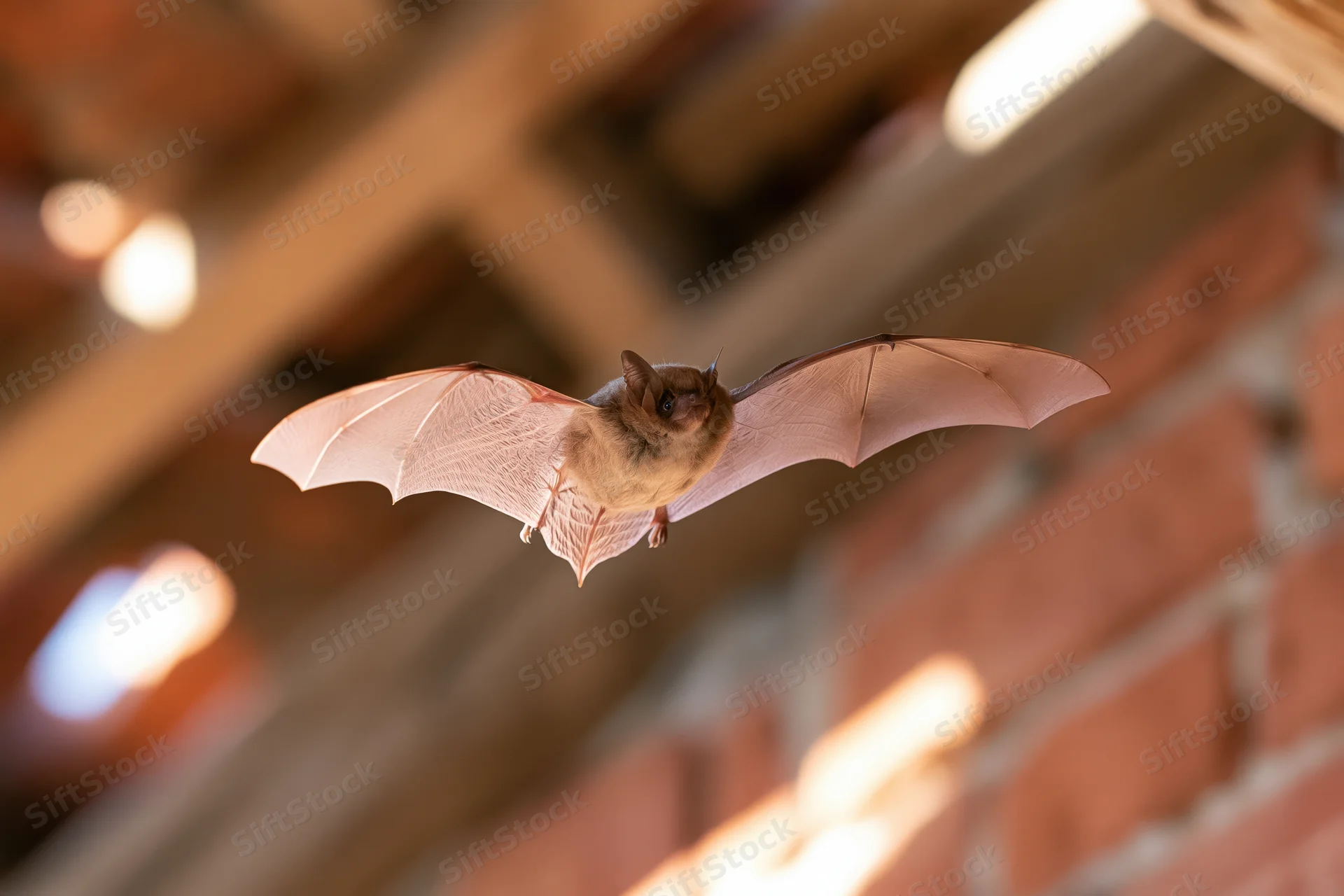 Small brown bat in mid-flight with wings fully spread near brick and wooden ceiling structure