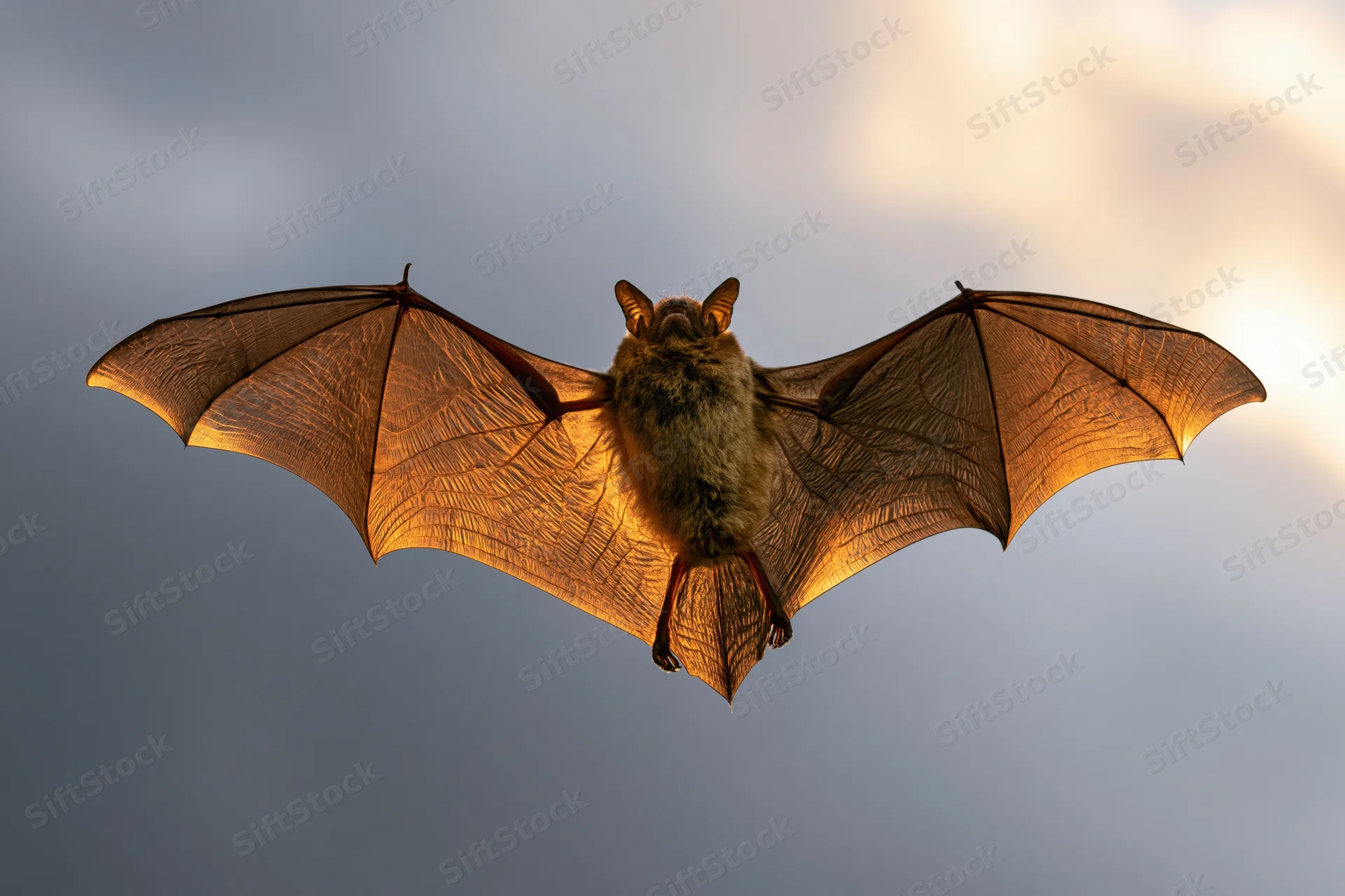 Bat flying with wings fully spread against a dusky sky backlit by golden light