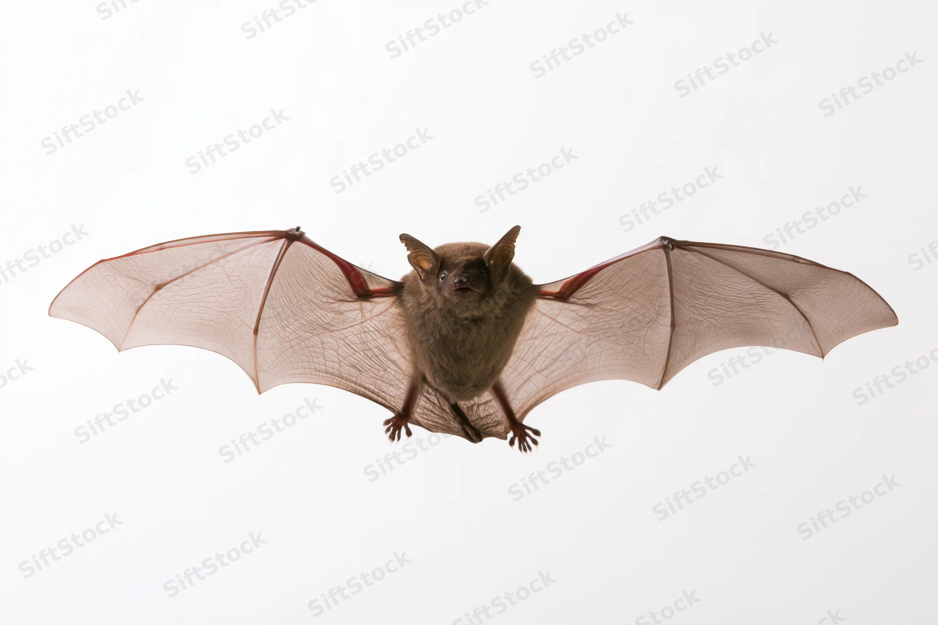Small brown bat flying midair with wings spread against white background