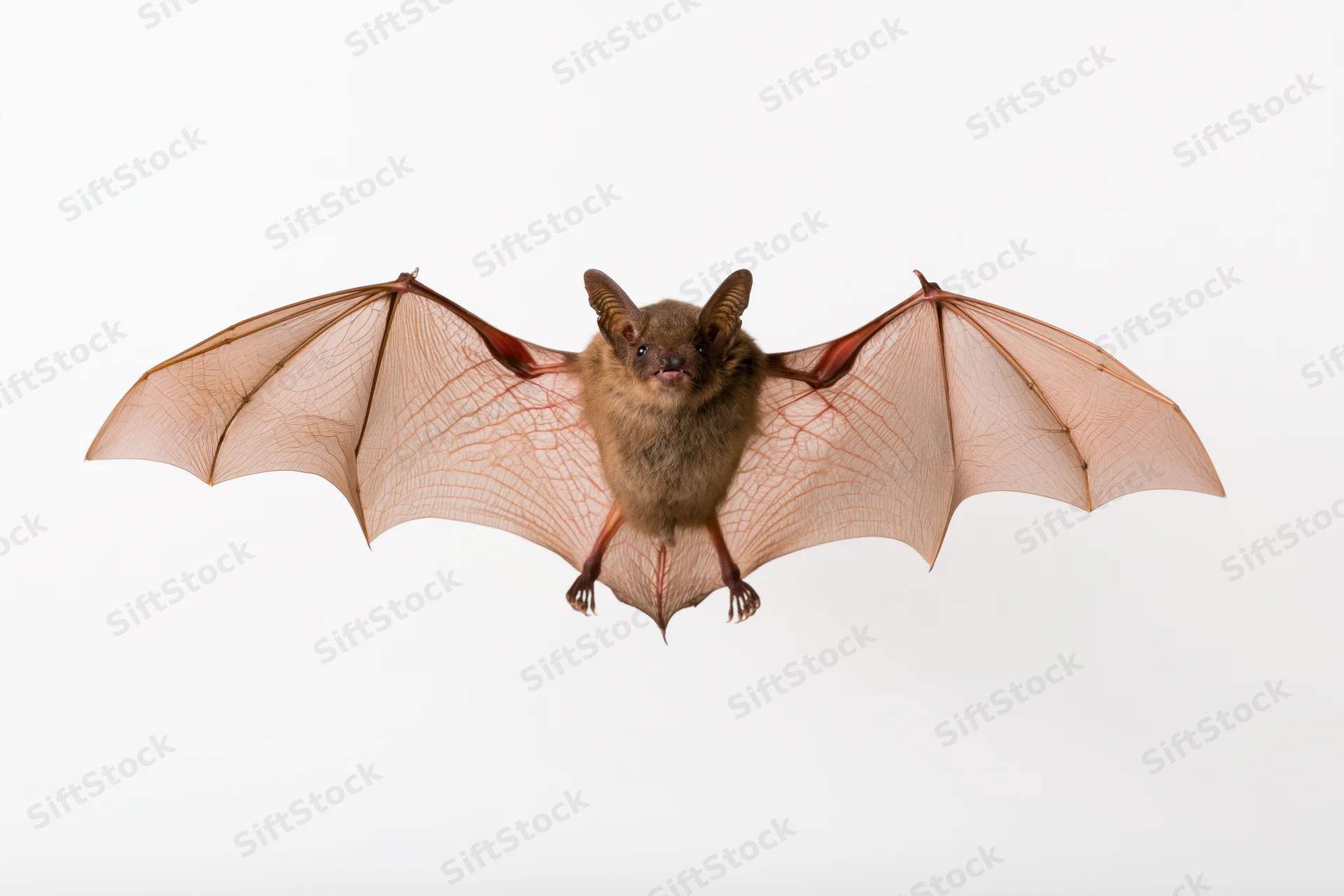 Small brown bat in mid-flight with wings spread against white background