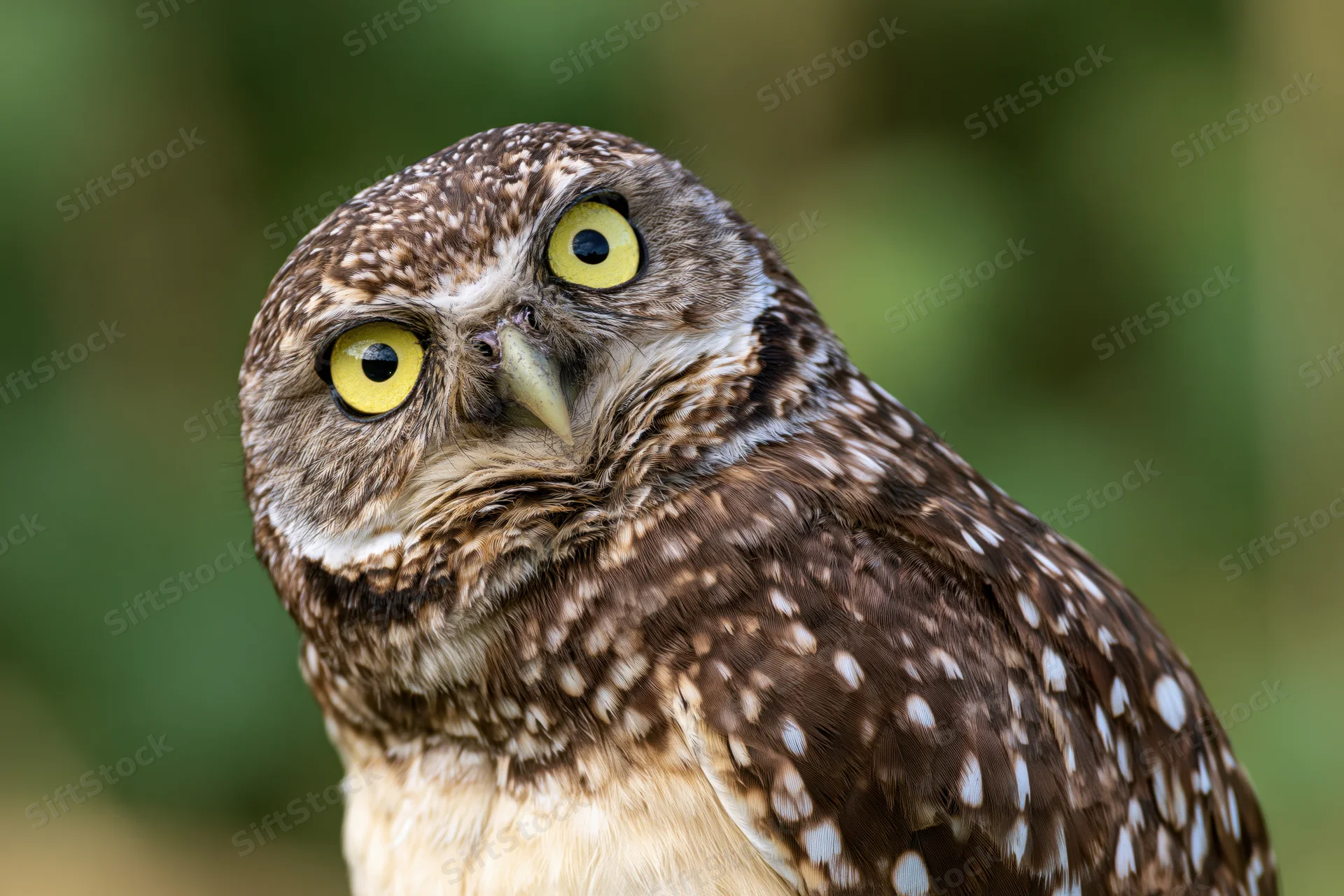 Burrowing owl tilting head sideways in natural setting