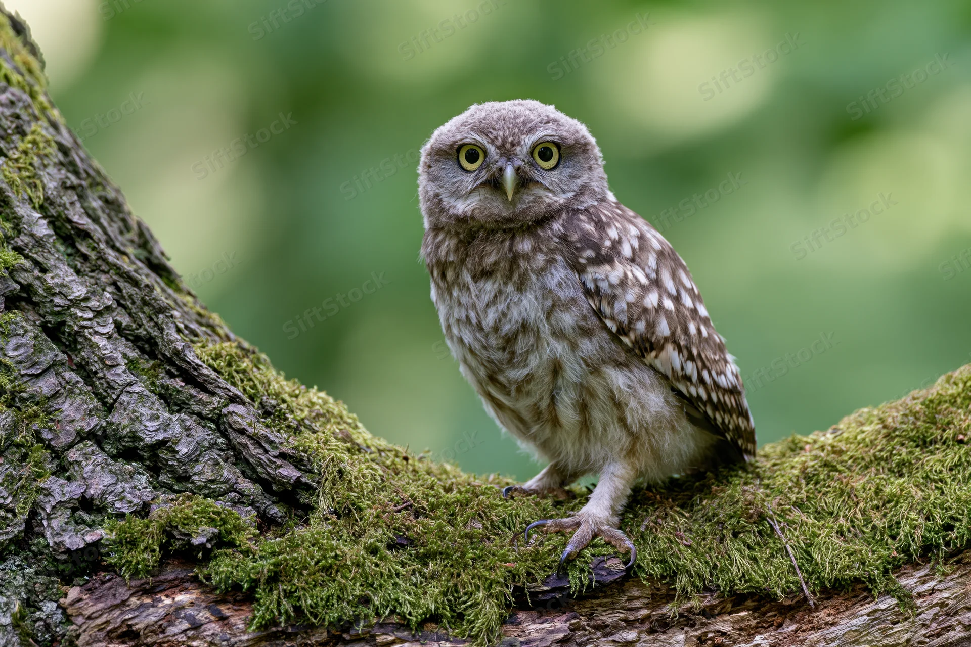 Juvenile owl perched upright on moss-covered tree branch in forest